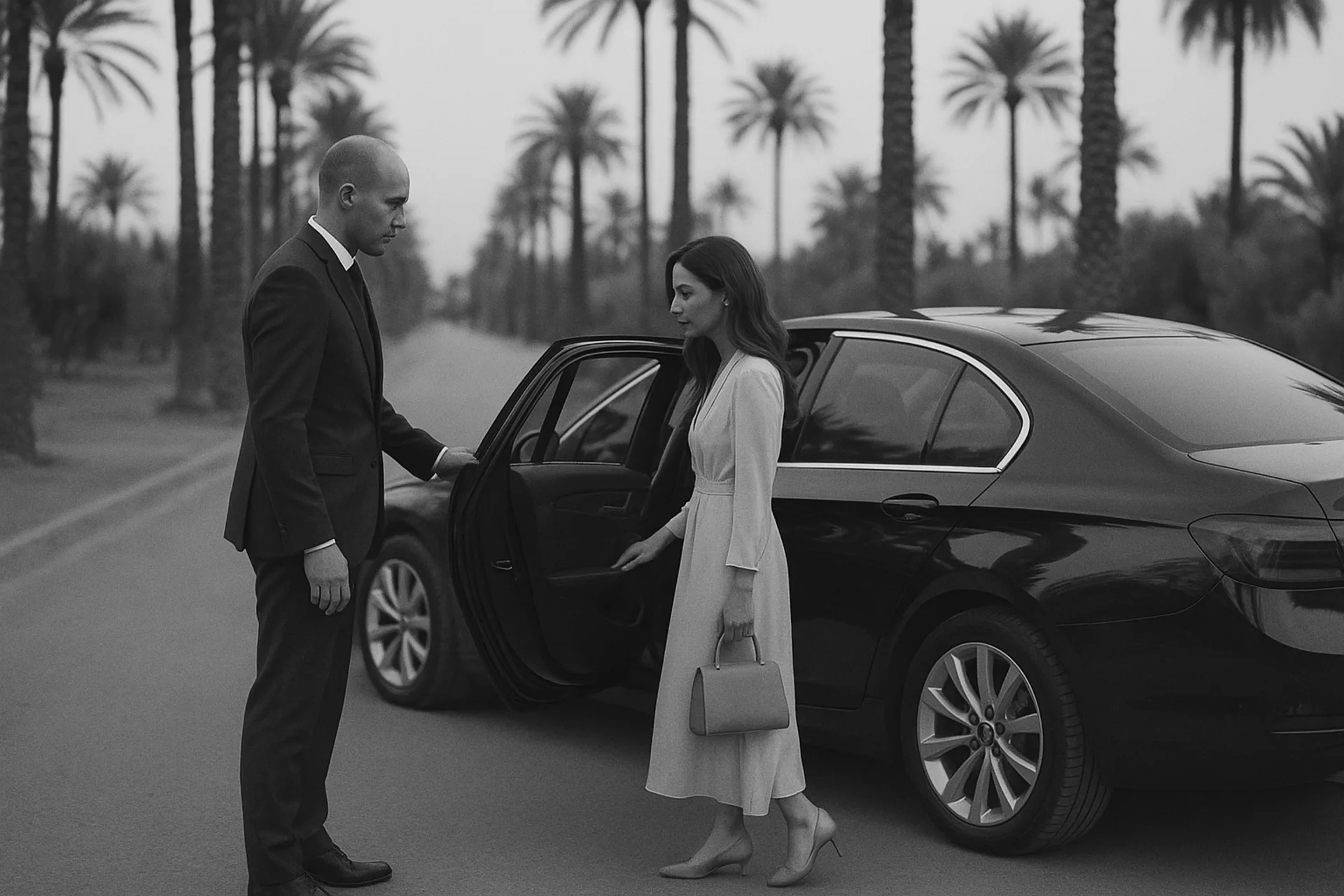 A chauffeur in a suit opening the door of a black sedan for a traveller, on a palm-lined road