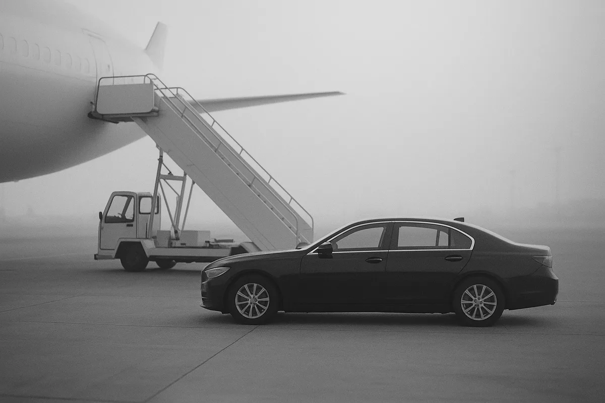 A black sedan waiting on the tarmac, at the foot of an aircraft's boarding stairs