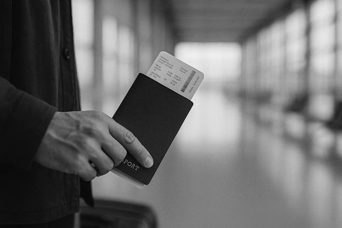 A passport and a boarding pass held in hand in an airport terminal