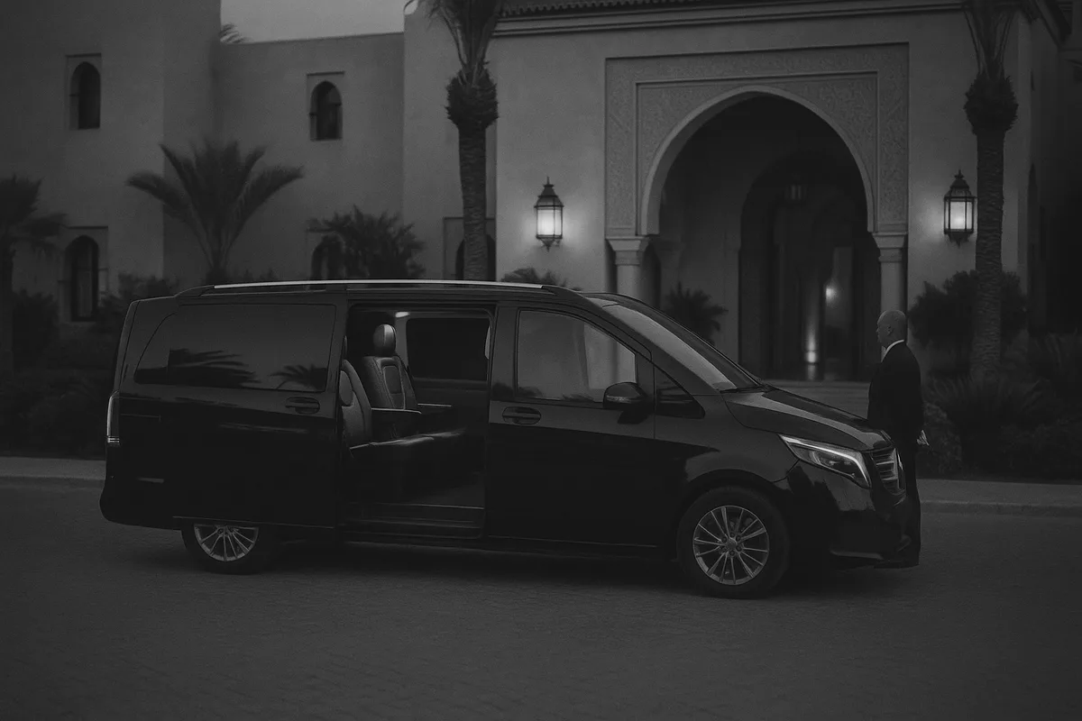 A black minivan with its side door open and its chauffeur, outside a Moroccan-style hotel entrance