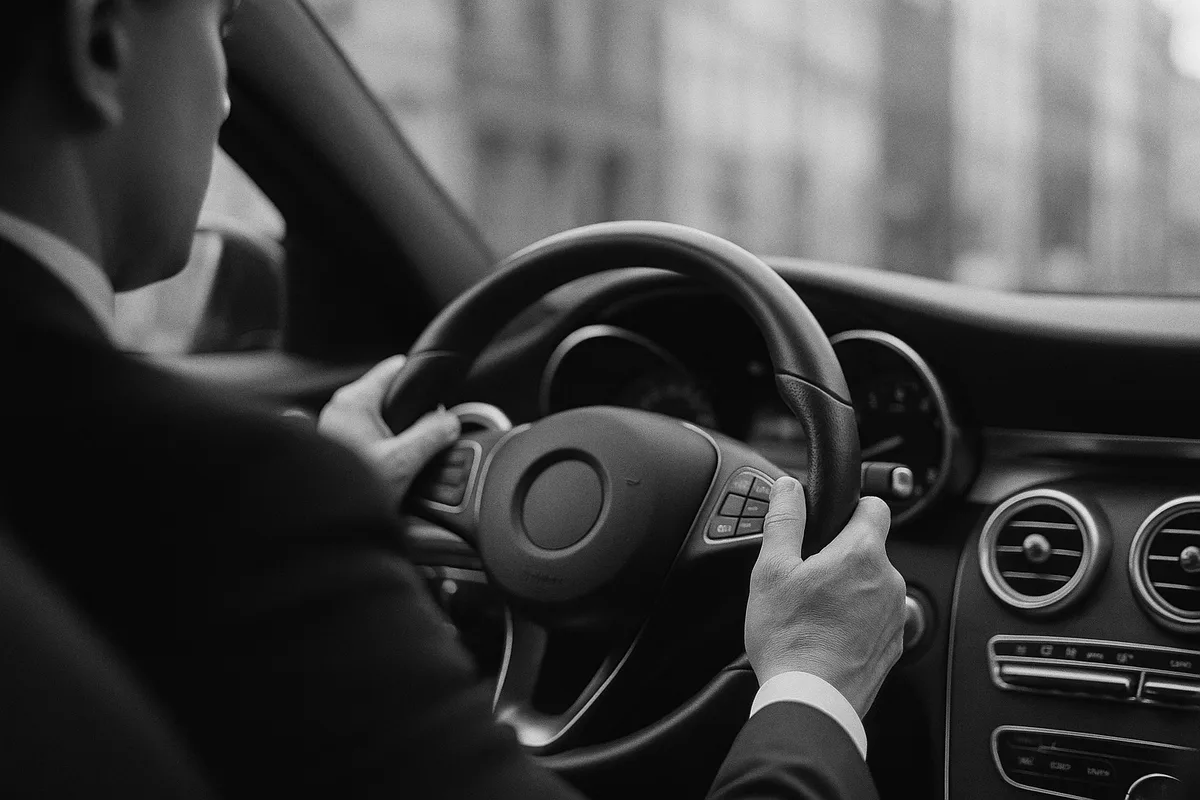 A chauffeur in a suit, hands on the wheel of a sedan
