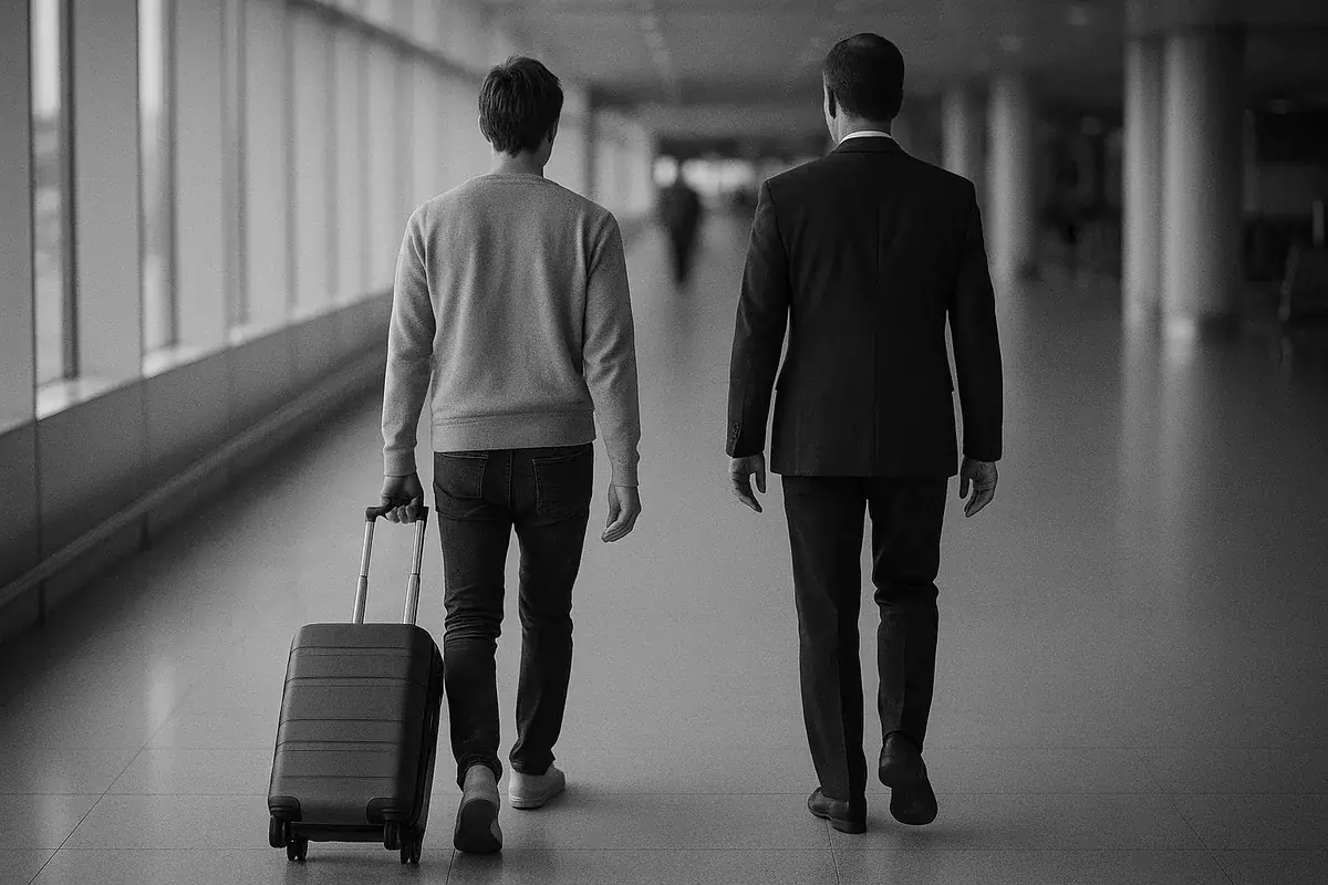 A traveller with a suitcase walking with an agent along an airport corridor