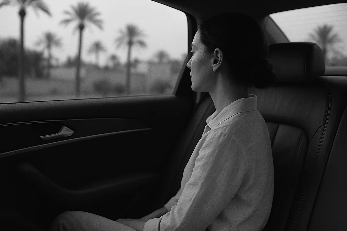 A traveller in the back seat of a car, palm trees outside the window