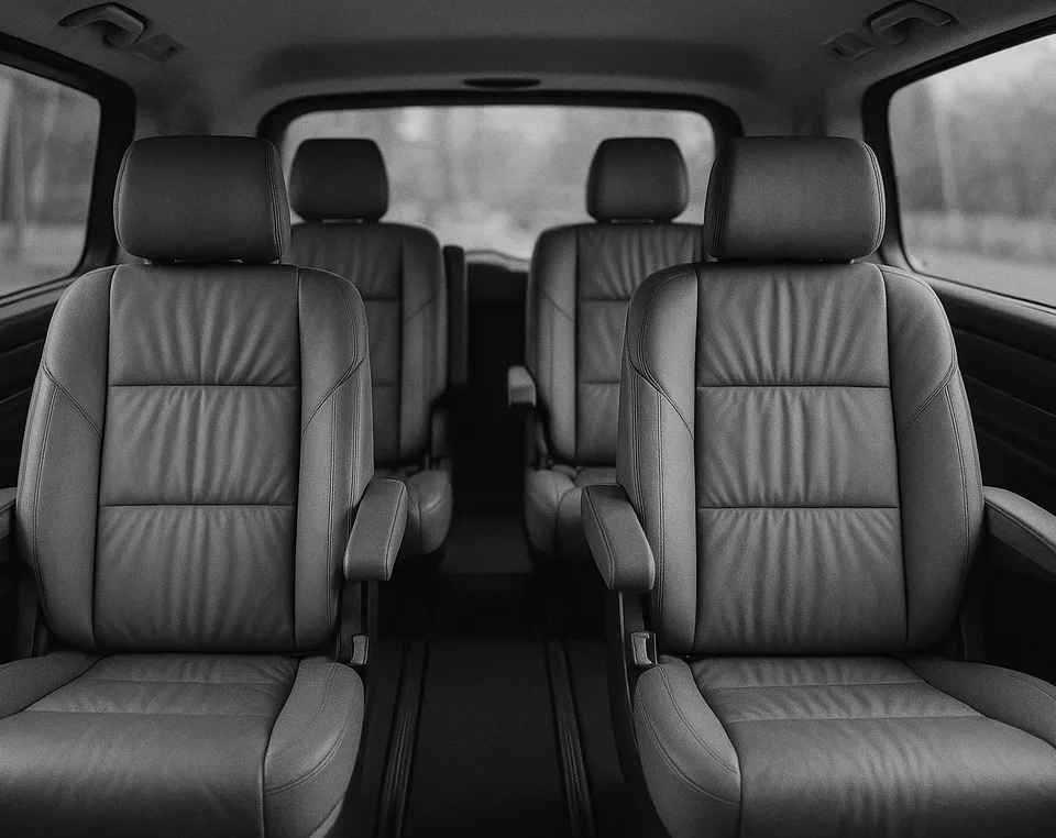 The inside of a minivan, leather seats